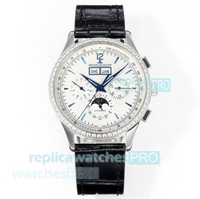 Swiss Replica V2 Jaeger-LeCoultre Master White Dial Diamond Leather Strap Watch 